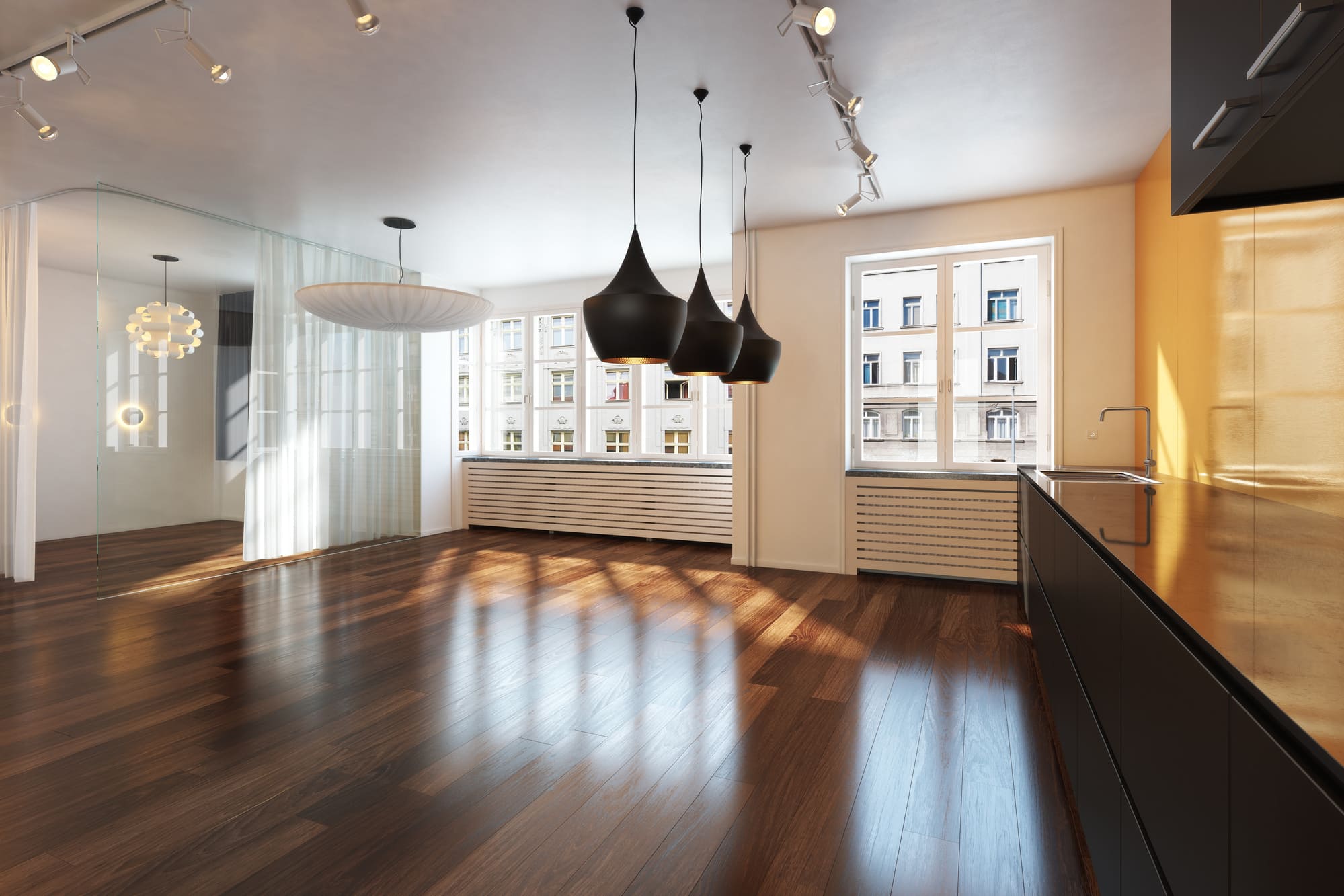 Living room with brown hardwood flooring
